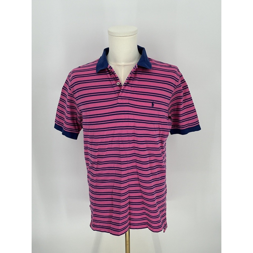 Polo Ralph Lauren Polo Shirt Men's M Medium Pink Blue Stripe Short Sleeve Pony